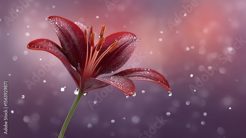 Exquisite red flower adorned with sparkling water droplets, a macro photography celebration of nature's beauty