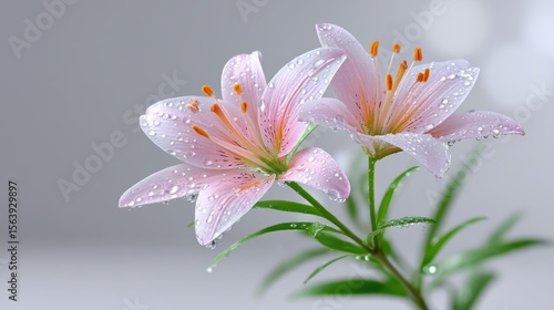 Two pink flowers adorned with sparkling water droplets, a closeup of nature's beauty