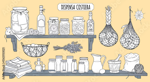 Coastal Pantry. "Dispensa Costiera." Vintage sketch of kitchen shelves with preserved food, jars, and utensils. Hand drawn vector for rustic decor.
