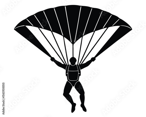 Silhouette of a skydiver in midair with parachute open against a plain white background.