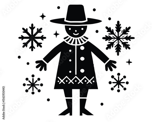Whimsical winter illustration featuring a stylized figure with snowflakes and a festive seasonal design. snowman icon.