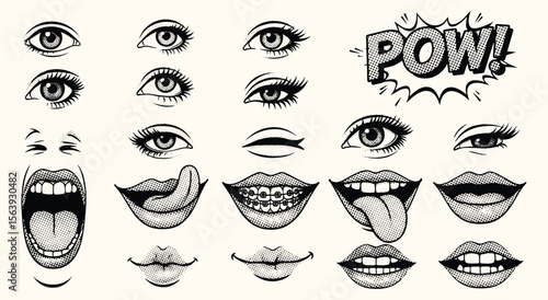 Pop Art Comic Face Parts Set. Retro vector mouths and eyes with halftone dots. Vintage emotion kit for posters, stickers, or cartoon character design.