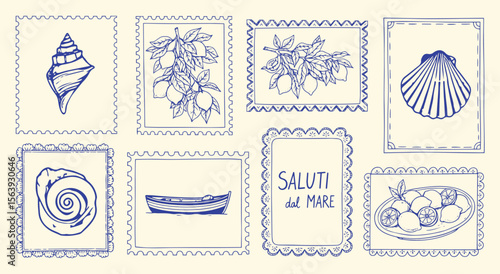 Saluti del Mare. Vintage postage stamp set with Italian coastal sketches. Hand drawn vector with lemon, boat, frame and seashells for travel posters or scrapbooking.