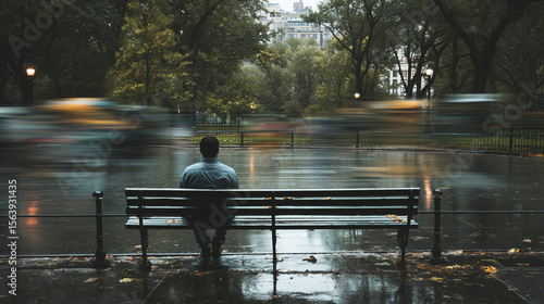 A man sitting alone on a park bench under the rain, reflective mood, wet environment, gloomy atmosphere, peaceful moment, rainy day, solitude, urban park scene.