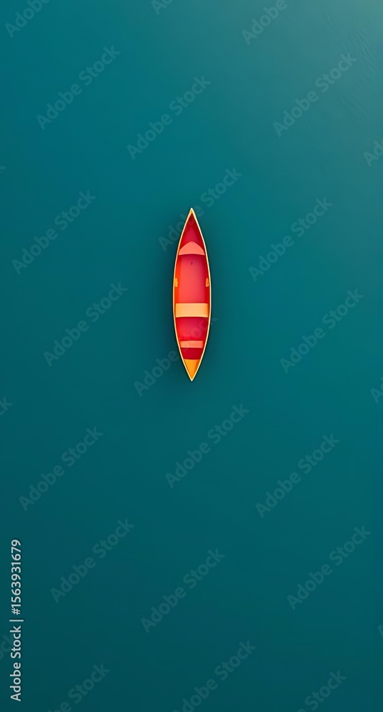 Fototapeta premium Minimalist aerial view of a bright red rowboat floating on calm teal water