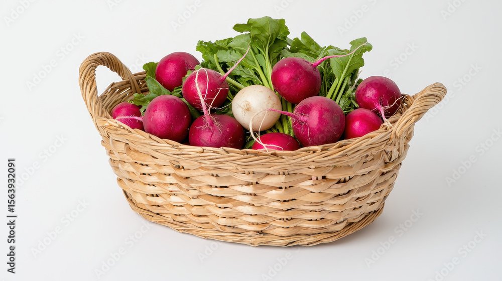Fresh vegetable basket with vibrant radishes and greens, showcasing healthy and colorful display of produce Fresh vegetable basket with vibrant radishes and greens, showcasing healthy and colorful display of produce