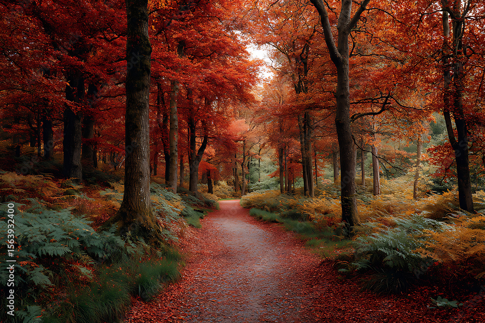 Obraz premium Vibrant autumnal forest path with fiery foliage and lush ferns trees
