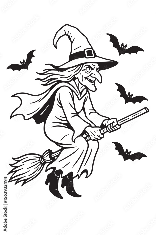 Fototapeta premium Halloween Witch Outline Drawing Black and White