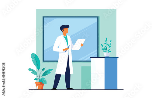 Doctor reviewing medical chart in office vector illustration