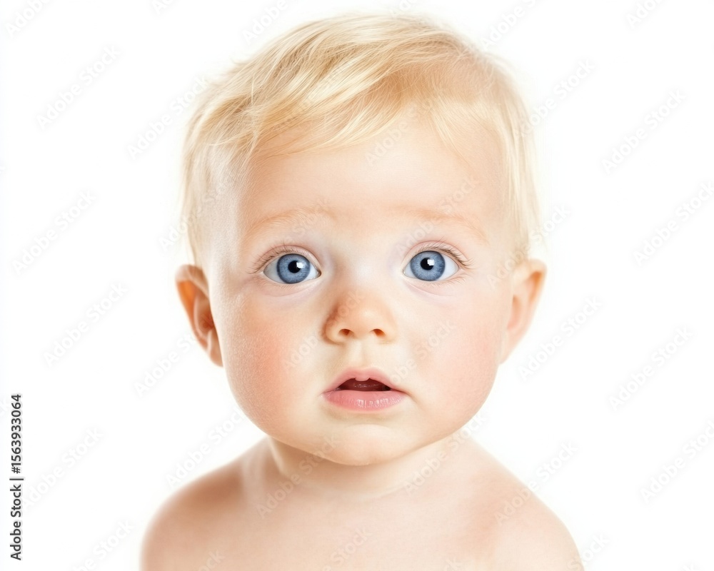 A close-up portrait of a blonde baby with blue eyes and a neutral expression against a white background. A close-up portrait of a blonde baby with blue eyes and a neutral expression against a white background.