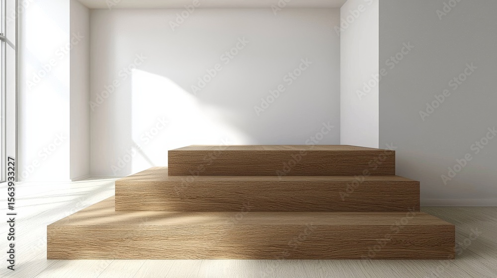 Minimalist Wooden Steps Platform, Light-filled Studio , Mockup, Display Minimalist Wooden Steps Platform, Light-filled Studio , Mockup, Display