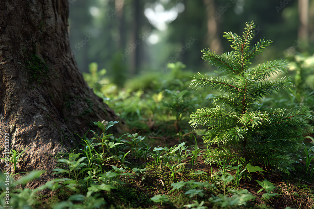 Naklejka premium Young evergreen sapling grows beside ancient tree trunk in sunlit forest nature