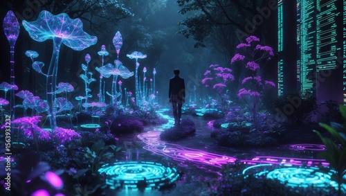 Digital Eden: Cyber-Noir Concept Art of a Surreal Data Garden