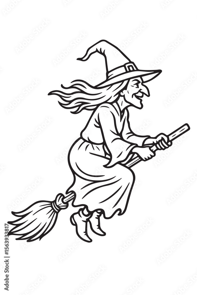 Fototapeta premium Halloween Witch Outline Drawing Black and White
