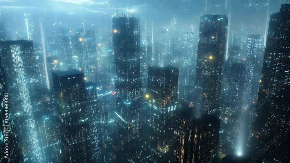 Aerial view of illuminated structures at night with bright light beams projecting upwards through the fog creating a futuristic atmosphere Aerial view of illuminated structures at night with bright light beams projecting upwards through the fog creating a futuristic atmosphere