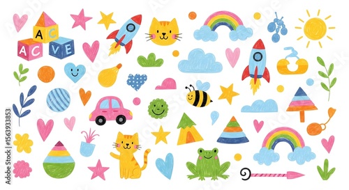 Collection of cute hand drawn cartoon elements featuring animals rockets rainbows and shapes isolated on white background