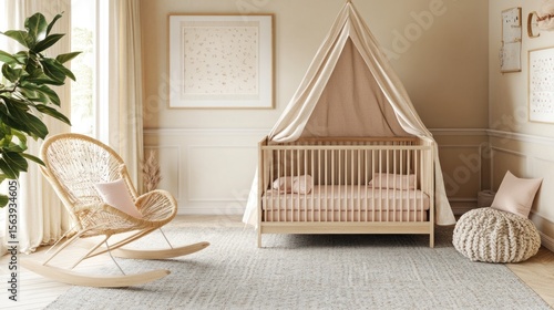 Nursery room with rocking chair, crib, and play tent.
