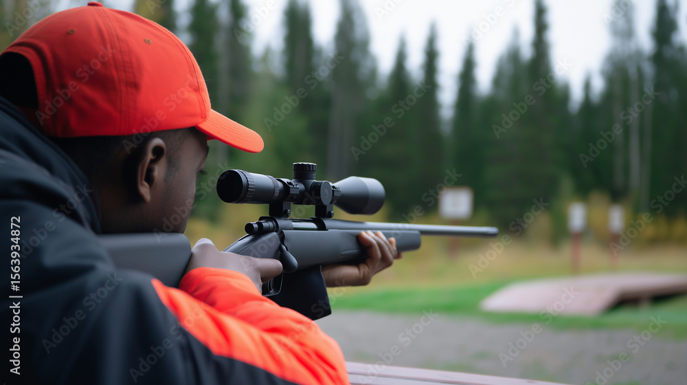 Obraz premium A person holds a scoped rifle, aiming downrange at a shooting target during sunset, emphasizing target practice and sport shooting.