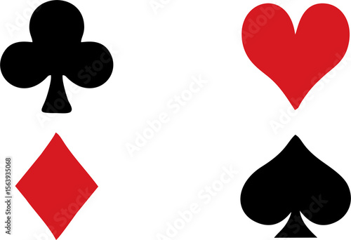 Casino cards symbol elements stock illustration. Playing card icons diamond, heart, spade and club. White background.