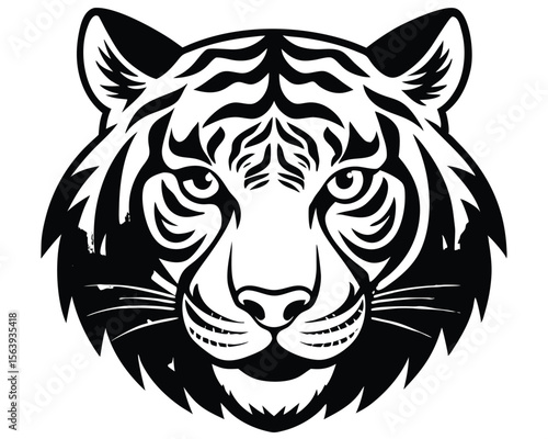 Majestic black and white illustration of a tiger head detailed design facing forward on a plain background. tiger, head, face, wildcat, feline, big cat.