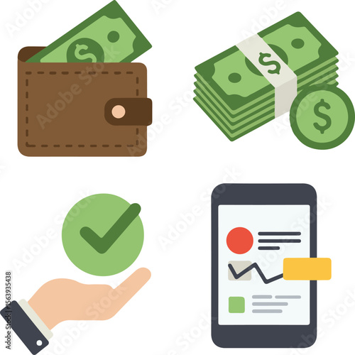 Wallet, cash bundle, mobile with chart and hand icon