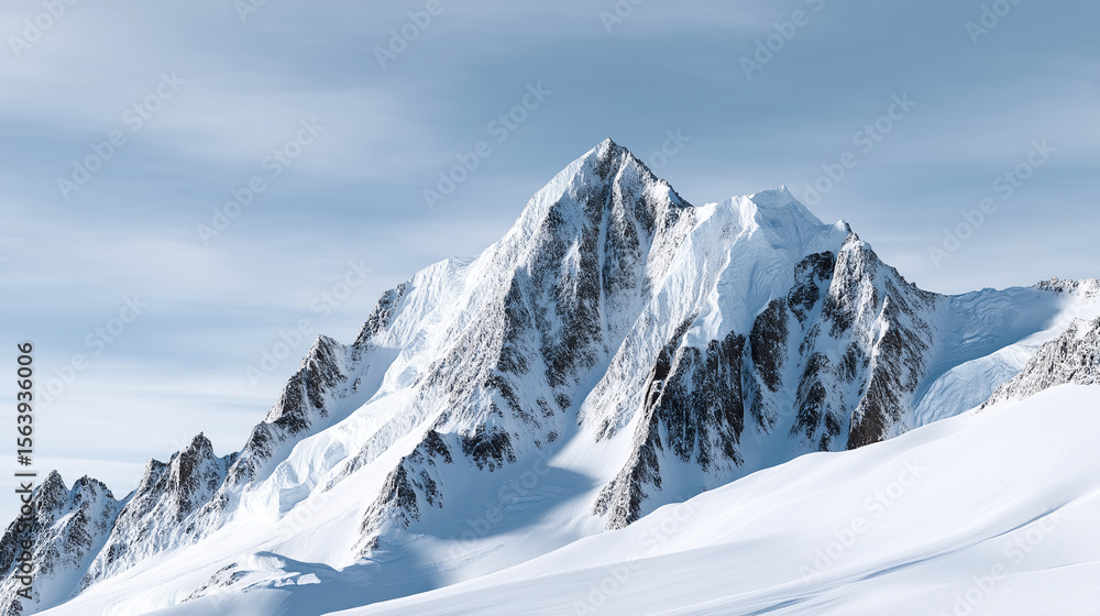 Fototapeta premium A majestic snow-covered mountain peak stands sharply against a clear blue sky, epitomizing the beauty and grandeur of winter landscapes. 