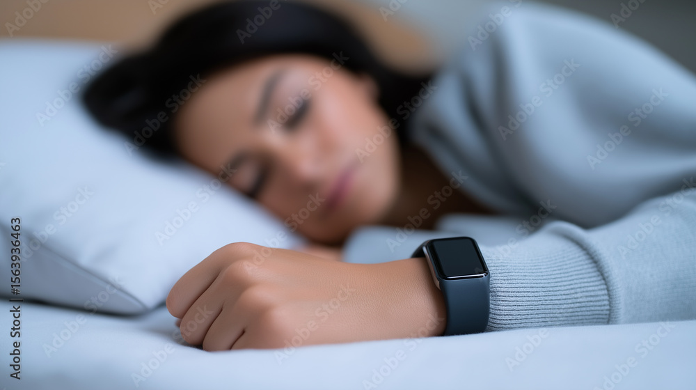 Naklejka premium A woman wearing a smartwatch sleeps peacefully in bed, highlighting concepts of sleep tracking, health monitoring, and wellness technology.