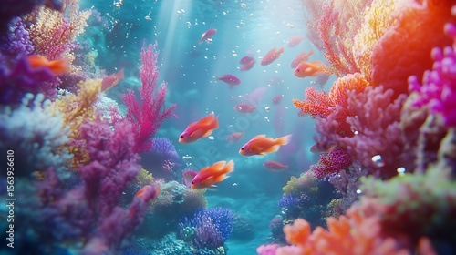 Fototapeta Naklejka Na Ścianę i Meble -  Vibrant coral forest with pink reef fish swimming gracefully high resolution picture