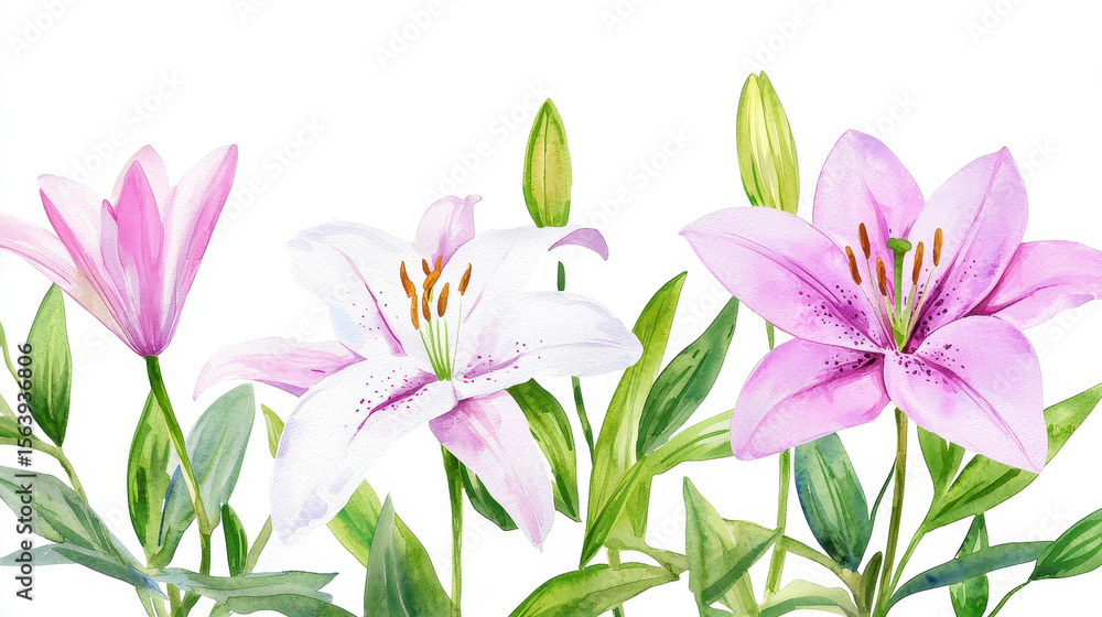Naklejka premium Watercolor botanical illustration of pink and white lilies with green leaves, showcasing beauty and elegance in nature
