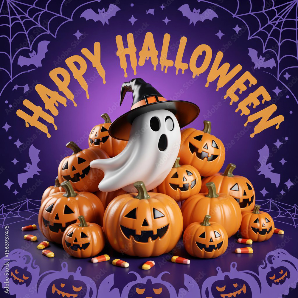 Fototapeta premium Happy halloween ghost wearing a witch hat surrounded by jack o lanterns and candy corn