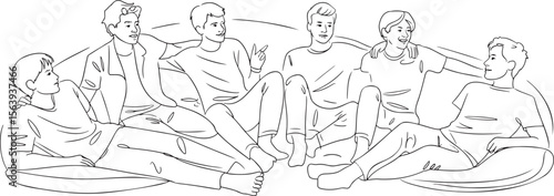 Six Young Adults Lounging on a Large Sofa in Conversation and Relaxation Together, Embracing Friendship and Camaraderie