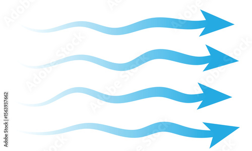 Air flow. Set of blue arrows showing direction of air movement. Wind direction arrows. Blue cold fresh stream from the conditioner. Vector illustration isolated on white background