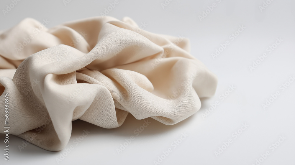 Obraz premium Elegant beige velvet fabric with soft folds and smooth texture on light background.