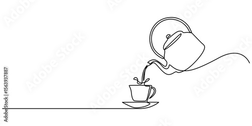 Teapot and tea cup vector one line continuous drawing illustration. Pouring drink. Hand drawn linear silhouette icon, Teapot with a cup outline drawing illustration. Minimal outline design element.