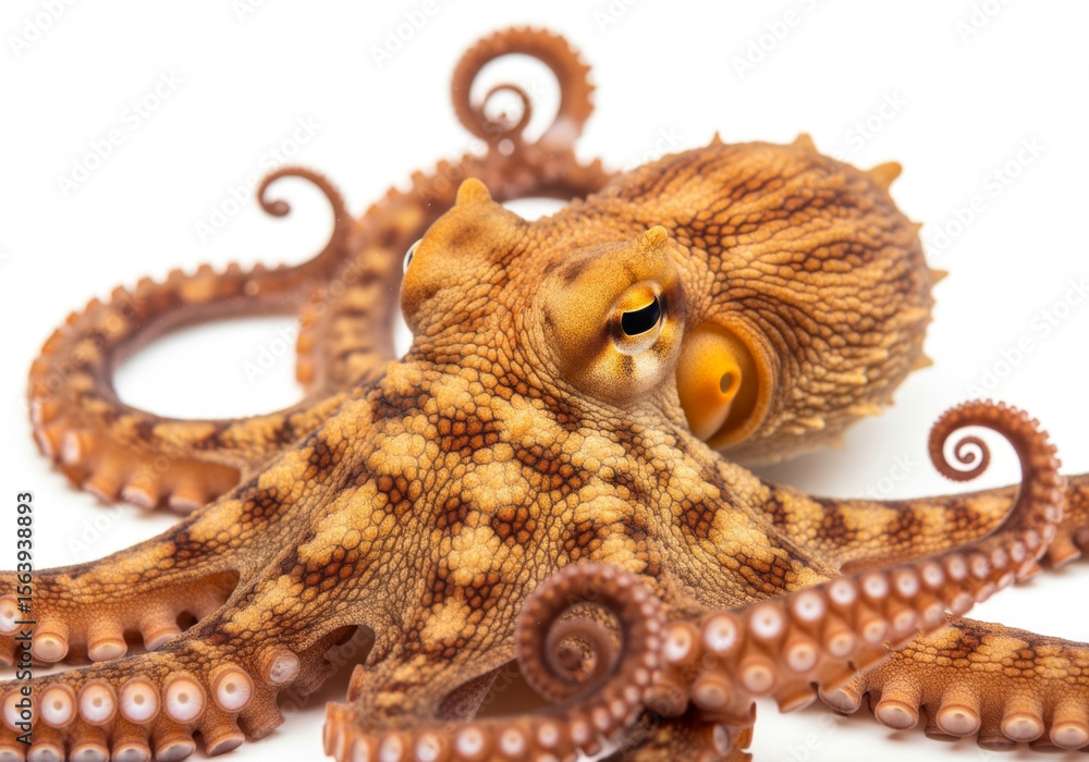 Obraz premium A detailed close-up of a reddish-brown octopus on a white background showcasing its textured skin and curled tentacles.