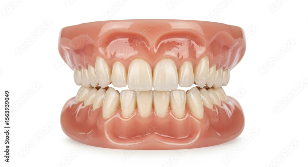 Obraz premium Full set of realistic dentures showing upper and lower teeth with pink gums against a white background.