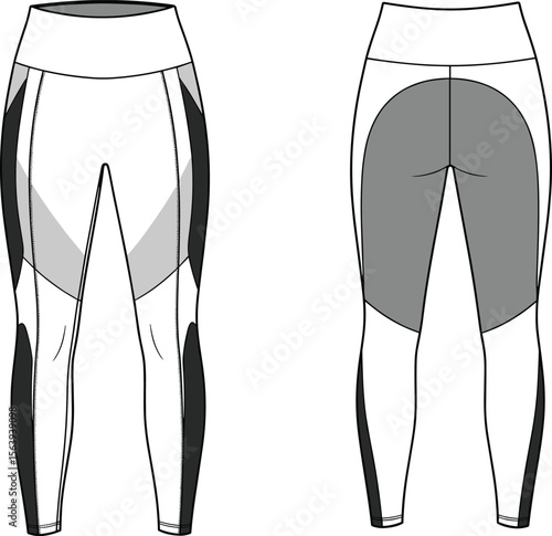 Leggings sketch, high waistband design, fashion technical drawing, front and back view, contrasting panels, oval rear detail, stylish fitness apparel layout, garment concept