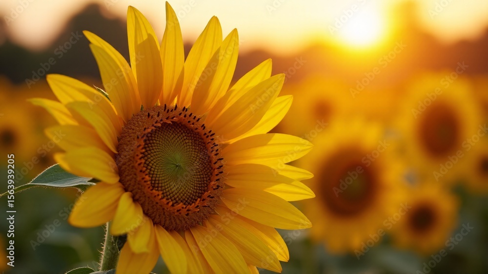 Fototapeta premium Sunflower Field At Sunset - Close-Up