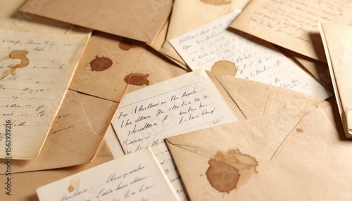 Collection of vintage letters and envelopes with stains, scattered on a wooden surface