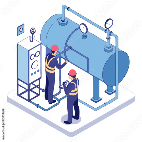 Factory engineer and technician performing boiler inspection and maintenance. Isometric vector showing industrial machinery and technical service work.
