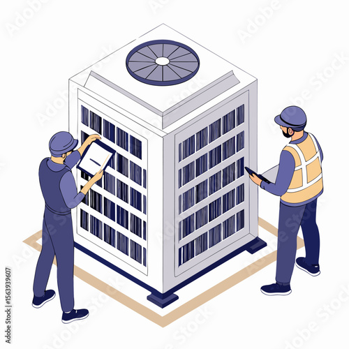 Technicians and engineers servicing HVAC unit in industrial setting. Isometric cartoon vector illustrating air conditioning, ventilation, and heating system components and repair process.