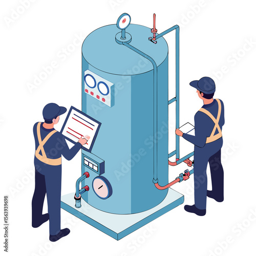 Engineer and technician inspecting industrial boiler in factory. Isometric vector illustrating maintenance, safety, and factory machinery operation.
