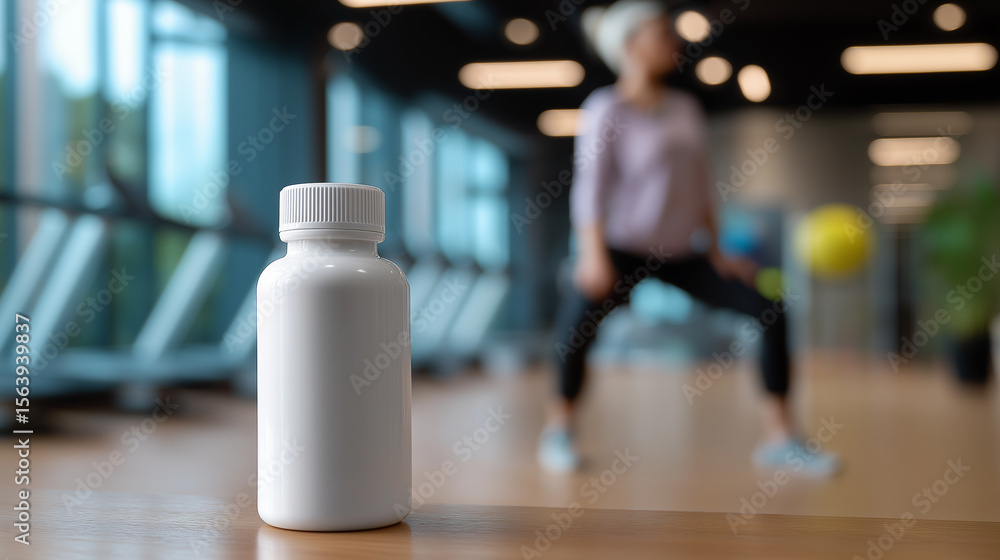 White supplement bottle in foreground with woman stretching in sportswear at gym.
White supplement bottle in foreground with woman stretching in sportswear at gym.