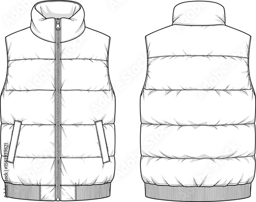 Puffer vest sketch, quilted panel design, fashion garment drawing, front and back views, high collar layout, zipper closure detail, stylish apparel concept illustration