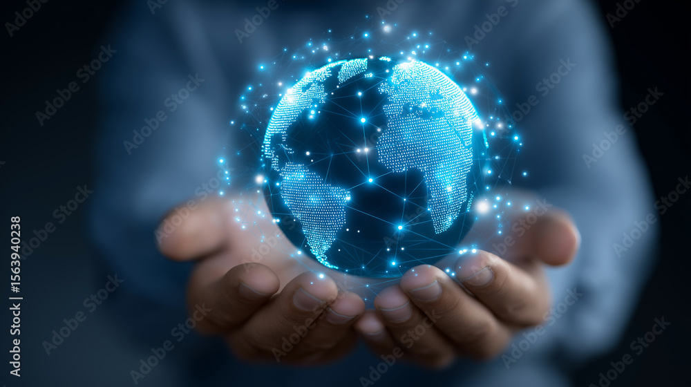 Glowing digital globe with connected network nodes held in human hands, symbolizing global communication.
Glowing digital globe with connected network nodes held in human hands, symbolizing global communication.