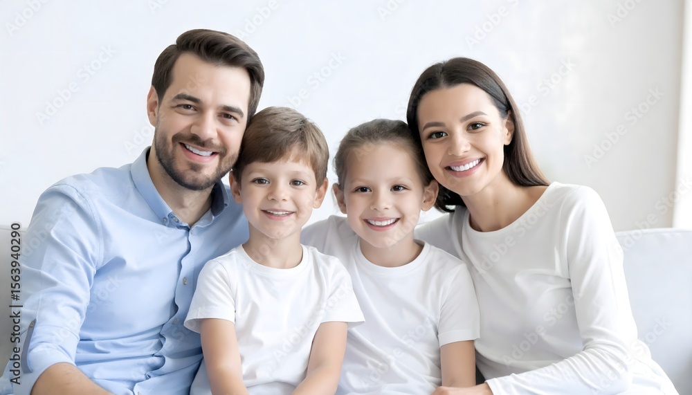 Happy Family Portrait Smiling on White Background Indoor Candid Shot Happy Family Portrait Smiling on White Background Indoor Candid Shot