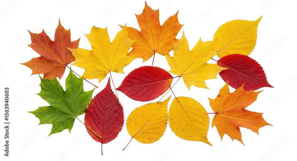 Naklejka premium Vibrant and Diverse Autumn Leaves in Various Shapes and Sizes for Captivating Seasonal Designs and Nature-inspired Themes, isolated on a transparent background