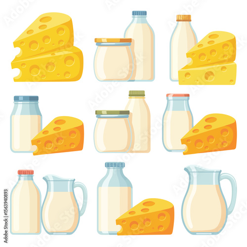 Collection of dairy products including cheese milk bottles and jars on white background
