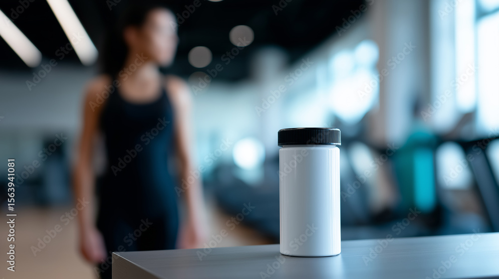 custom made wallpaper toronto digitalBlank supplement container on gym table with fit woman in sportswear in the background.

