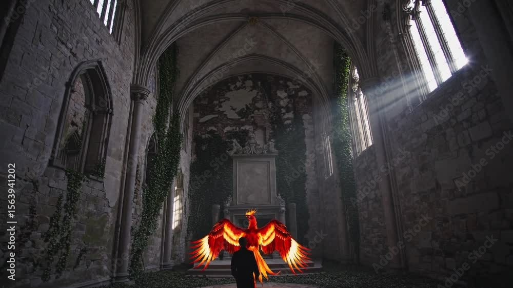 Phénix lumineux dans une cathédrale abandonnée